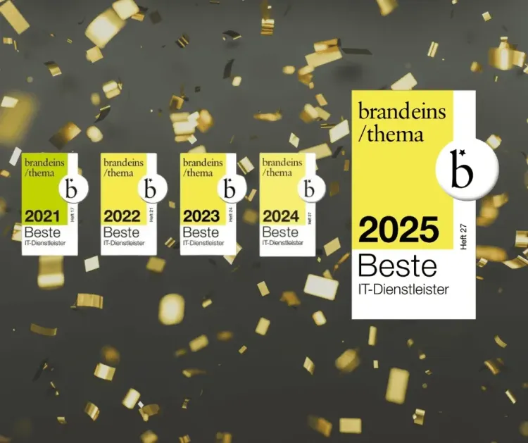 Bild mit den Auszeichnungen als bester IT-Dienstleister der Jahre 2021 bis 2025