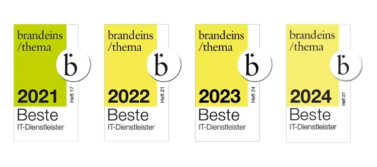 Auszeichnung als bester IT-Dienstleister für die Jahre 2021 bis 2024 in Deutschland, ausgestellt durch Statista und Brandeins